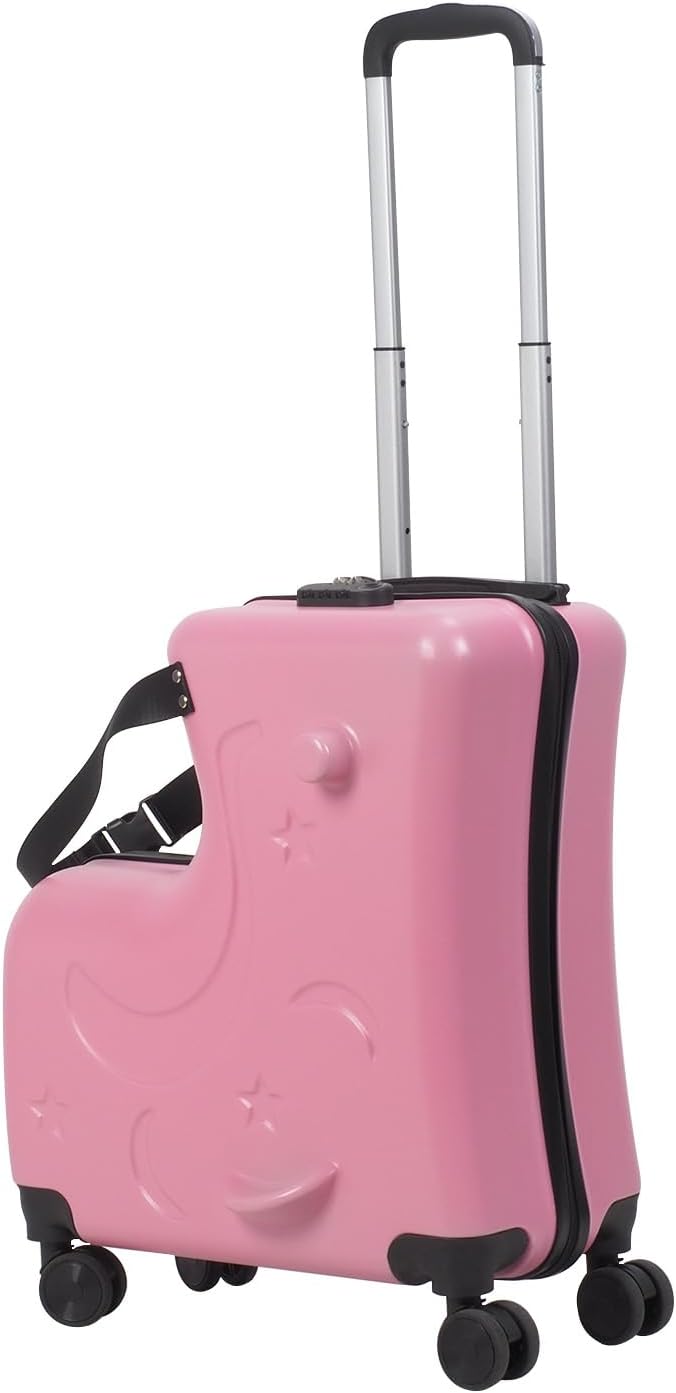 20 Inch Kids Carry-On Trolley, Pink Suitcase with Wheels Impact Resistant Rolling Children Travel Luggage with Seat and Safety Belt Small Suitcase for Unisex Boys Girls ABS+PC (Pink)