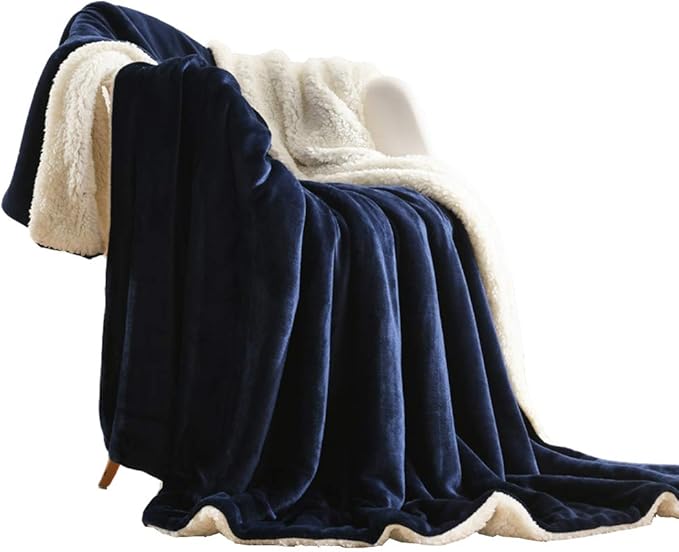 NANPIPER Sherpa Blanket Warm Blankets for Winter Super Soft Fuzzy Flannel Fleece/Wool Like Reversible Velvet Plush Couch Blanket Lightweight(Navy Blue Throw Size 50"x60")