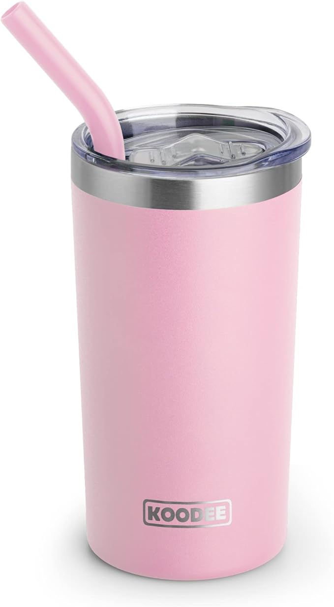 koodee Insulated Tumbler, 12 oz Tumbler with Lid and Straw-Stainless Steel Double Wall Vacuum Insulated Coffee Tumbler Cup for Women (Pink)
