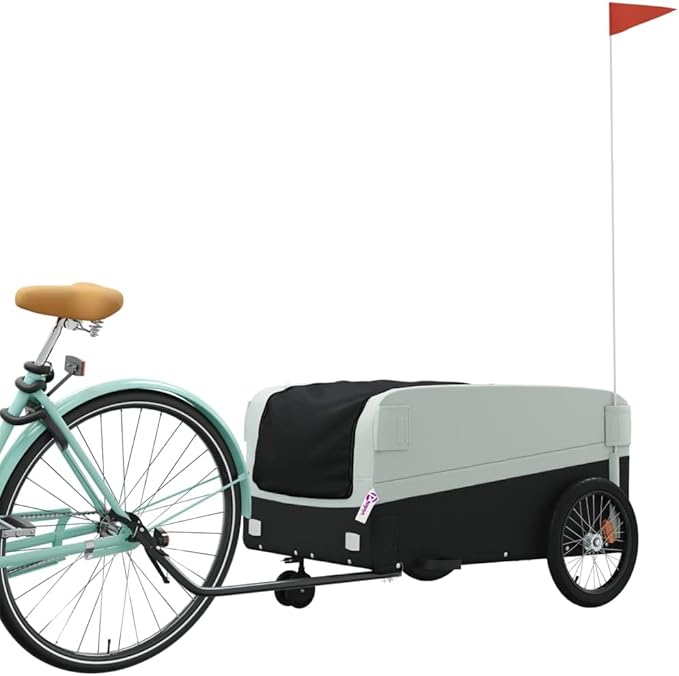 Bike Trailer Bicycle Cargo Trailer, Bike Wagon Trailer, Bike Cart with Safety Flag, Black and Gray 99.2 lb Iron, 49.6"x24.8"x20.1"