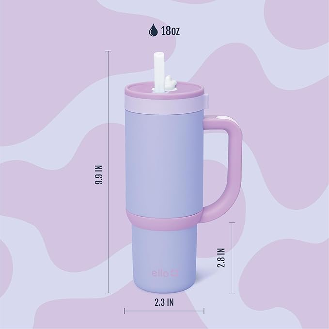 Ello Oasis 18oz Kids Tumbler with Handle & Retracting Straw, 100% Leakproof Reusable Insulated Stainless Steel Cup, Keeps cold for 18 Hours, Cup Holder Friendly, Lavendar Fields