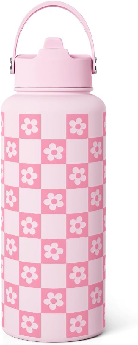 Checker Daisy Water Bottle 32oz Stainless Steel with Lid & Straw, Checkerboard Insulated Bottles Gifts for Women Girls Friends, Gift Idea for Birthday Christmas