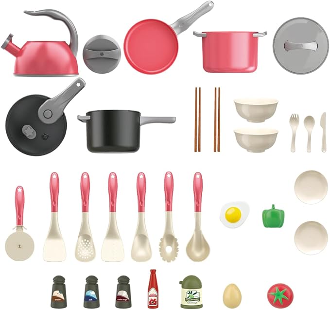 Bruvoalon 32Pcs Kids Play Kitchen Toys Set, Toddlers Pretend Cooking Playset Acccessories with Pots Pans, Utensils Cookware, Foods, Canned Veges, Learning Gift for Kids Girls Boys (Red)