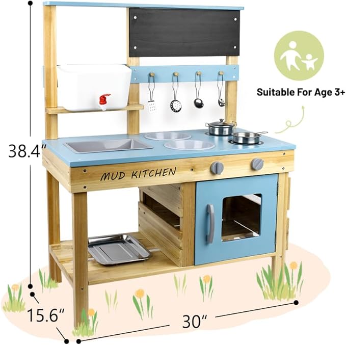 Wooden Mud Kitchen, Outdoor Play Kitchen with Sink, Blackboard, Storage Shelves and Kitchen Accessories, Fir Wood Pretend Kitchen for Boys and Girls