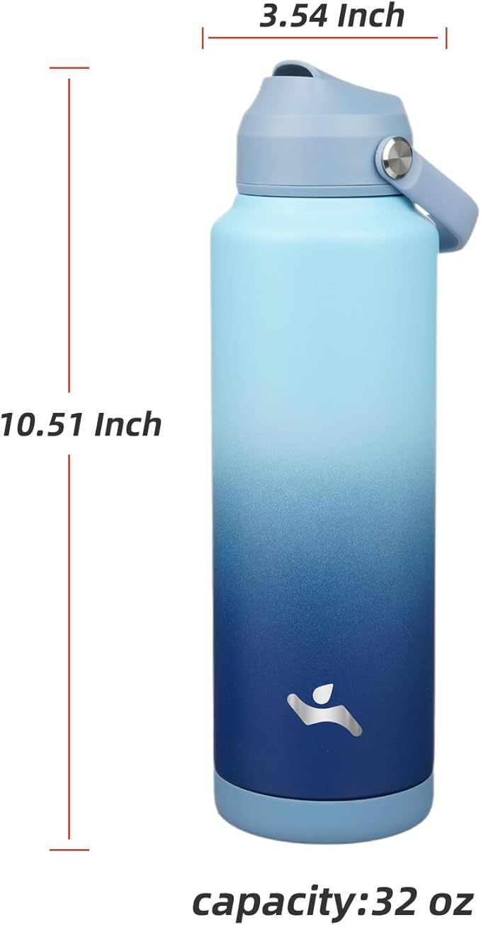 Insulated Water Bottle with Straw Lid,40 oz Stainless Steel Vacuum Metal Bottle with Silicone Handle, Sky