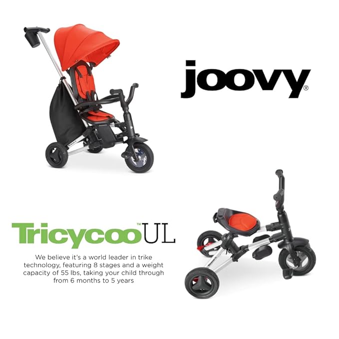 Joovy Tricycoo UL Kids Tricycle with 8 Stages Featuring 3 Rubber Tires, Removable and Adjustable Parent Handle, Safety Harness, 3-Position Recline Seat, and Retractable Canopy, Rorange