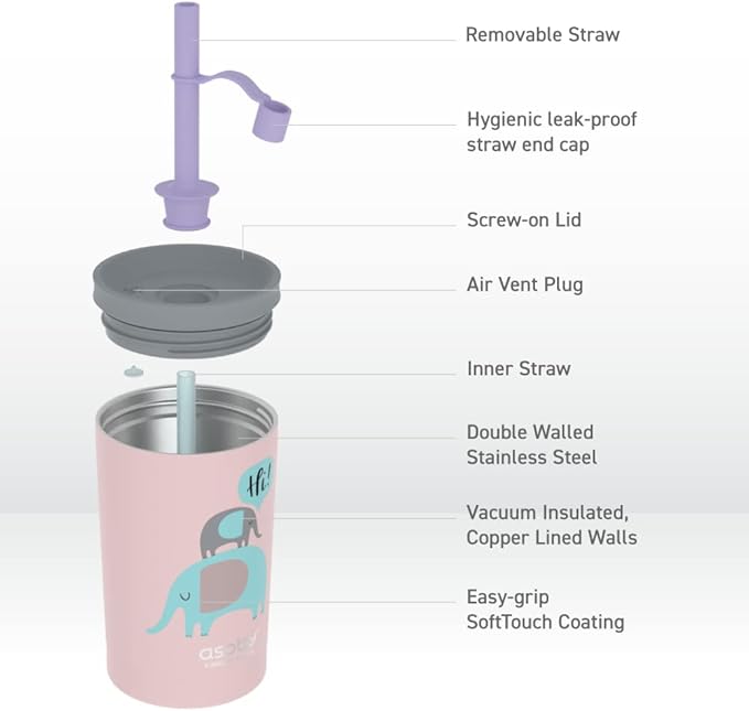 asobu Stainless Steel Kids Tumbler with Flexible Straw Lid | Insulated Water Bottle | Reusable Travel Cup 12 Ounce (Pink)