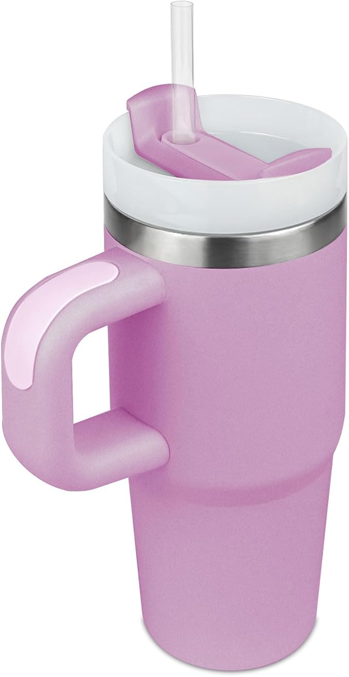 14 oz Tumbler with Lid and Straw Kids, Mini Tumbler for Kid with Handle Stainless Steel Cup, Outdoor Sports Travel School Gift, Keeps Drinks Cold up to 24 Hr (Purple)