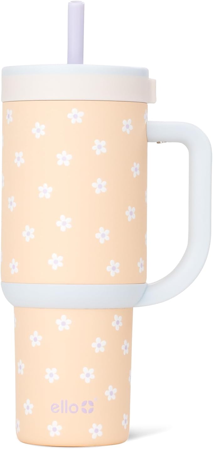 Ello Oasis 24oz Tumbler with Handle & Retracting Straw | Reusable Insulated Stainless Steel Cup 100% Leakproof, Gifts for Teens Women Men | Keeps cold for 24 Hours, Cup Holder Friendly, Orange Daisies