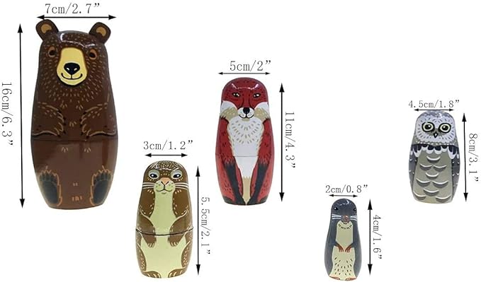 Nesting Dolls-Brown Cartoon Owl Bear Fox Raccoon Russian Nesting Dolls Wooden Matryoshka Doll Handmade Stacking Toy Set 5 Pieces for Kids