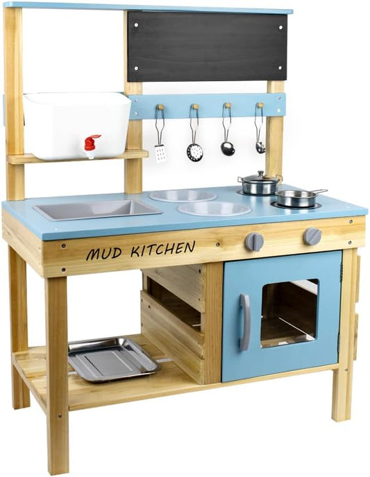 Wooden Mud Kitchen, Outdoor Play Kitchen with Sink, Blackboard, Storage Shelves and Kitchen Accessories, Fir Wood Pretend Kitchen for Boys and Girls