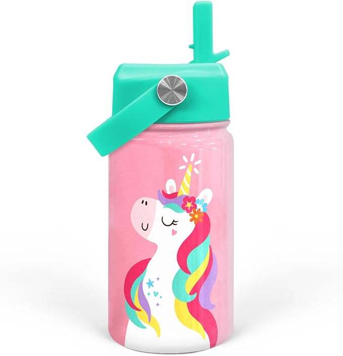 Unicorn Water Bottle - Kids Water Bottle with Straw Lid - 12 Oz Insulated Stainless Steel Water Bottles for Kid Girls - Travel Cup for School Sports