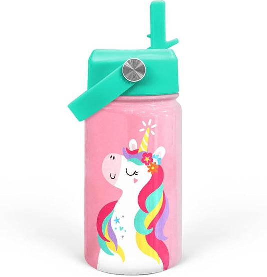 Unicorn Water Bottle - Kids Water Bottle with Straw Lid - 12 Oz Insulated Stainless Steel Water Bottles for Kid Girls - Travel Cup for School Sports