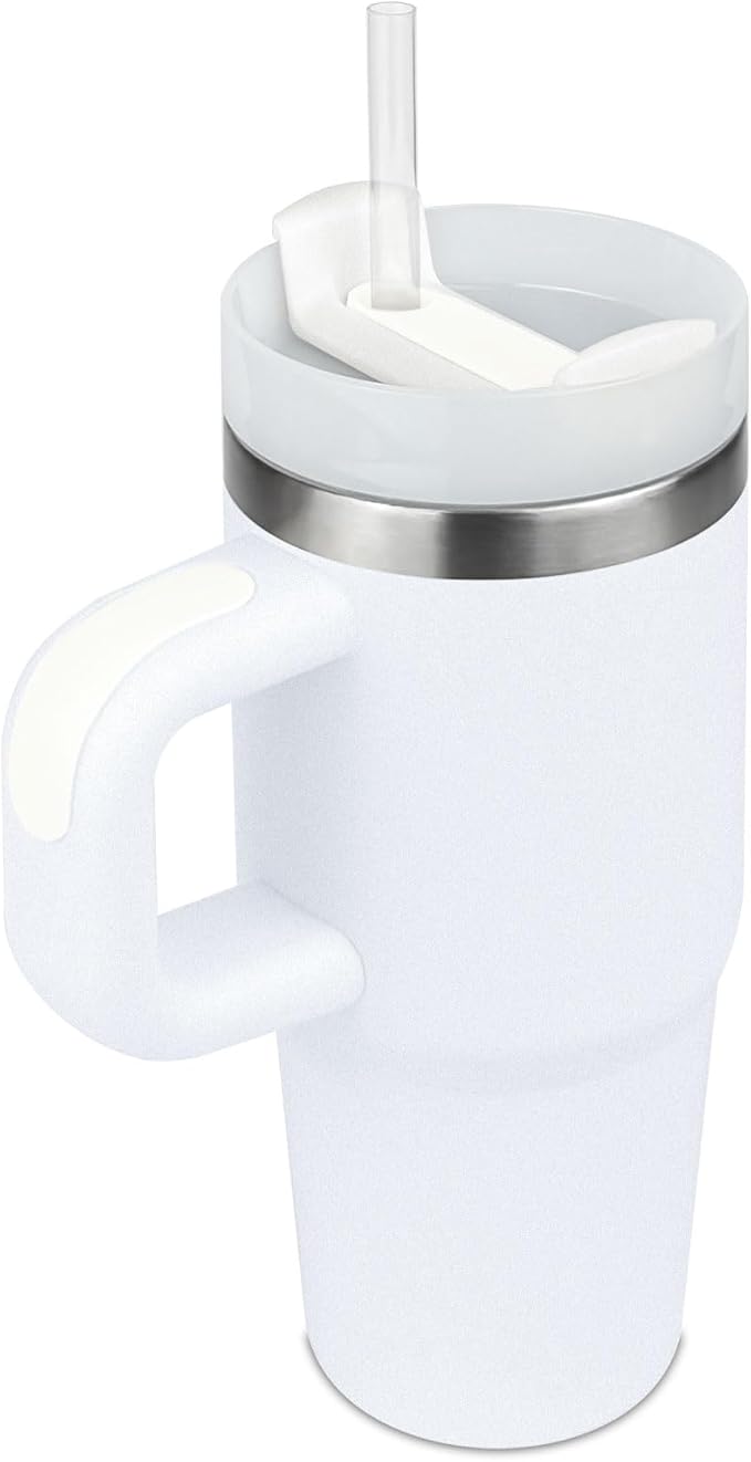 14 oz Tumbler with Handle and Straw, 14oz Tumbler with Lid and Straw for Kids Stainless Steel Tumblers, Car Mug Outdoor Sports Travel Gift, Keeps Drinks Cold up to 24 Hrs(White)