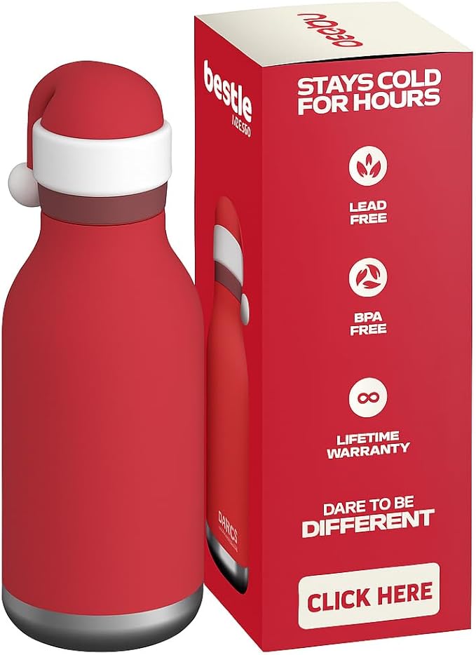 asobu Bestie Bottle Insulated Stainless Steel Water Bottle with Detachable Soft Animal Head Fun Drinking For Kids and Teens with Flexible Reusable Straw 16 Ounce (Santa)