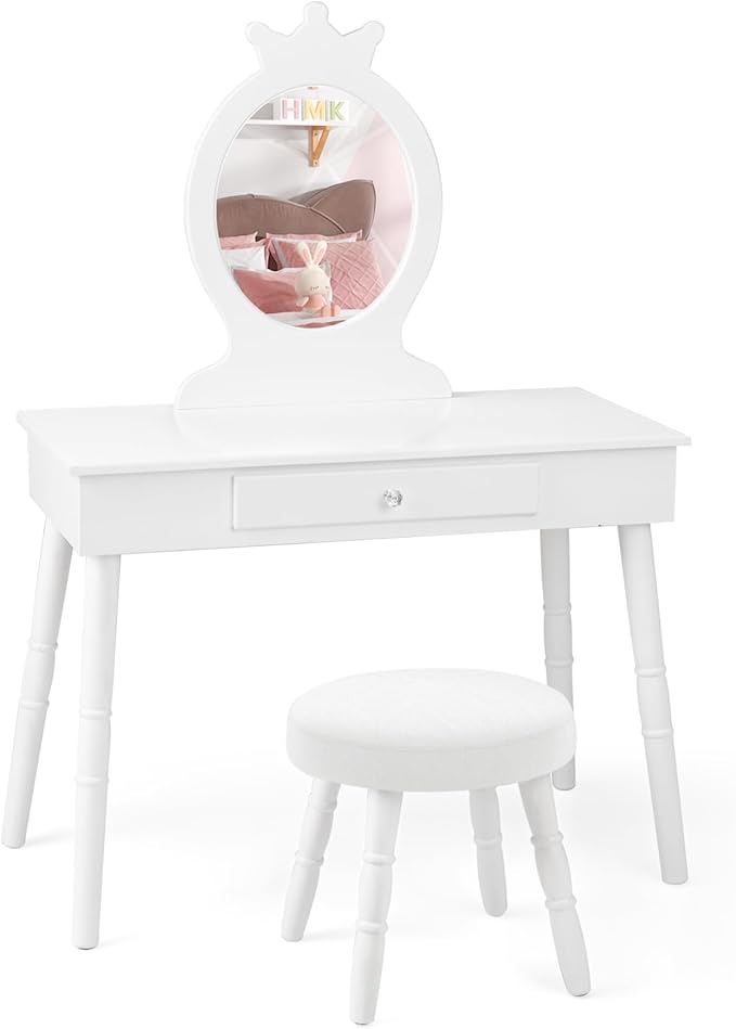 HONEY JOY Kids Vanity, Crown Shape Princess Makeup Dressing Table and Chair Set w/Drawer, Cushioned Toddler Vanity Stool, Real Glass Mirror, Wooden Little Girls Vanity Set with Mirror and Stool(White)