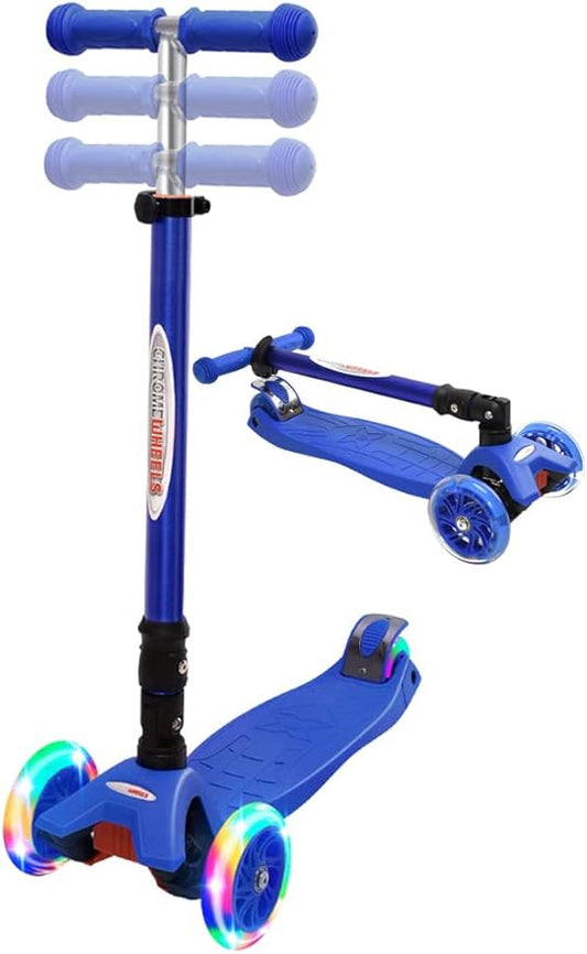 ChromeWheels Foldable Scooters for Kids, Deluxe Kick Scooter 4 Adjustable Height 132lbs Weight Limit 3 Wheel, Lean to Steer LED Light Up Wheels, Best Gifts for Girls Boys Age 3-12 Year Old