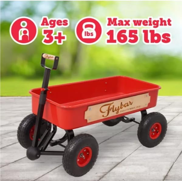 Flybar Classic Wagon for Kids, Toddler - Quad Steering System, Easy Assembly, Adjustable, Folding Handle, Rust Resistance, Durable 10 inch Air-Filled Tires, Extra Deep Beach Cart, Up to 165 lbs,3+ Red