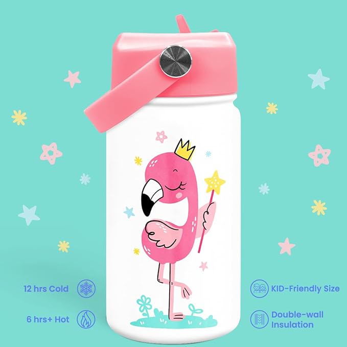 Flamingo Water Bottle - Kids Water Bottle with Straw Lid - 12 Oz Insulated Stainless Steel Water Bottles for Kid Girls - Travel Cup for School Sports