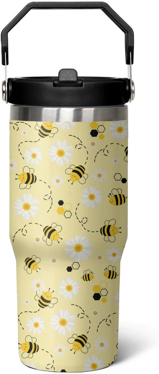 30 oz Bee tumbler With Handle Lid and Straw,Queen Bee Flip Straw Coffee Mug Cup Tumbler Water Bottles,Honey Bee themed Gifts for Women Daisy Flowers,Bee Decor