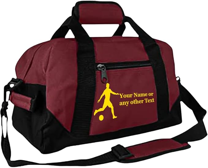 Personalized Passion 14” Small Sports Duffel Bags for Kids - Waterproof Travel Duffle with Name & Soccer Design - Maroon Two-Toned Kids Weekender Bag for Boys and Girls