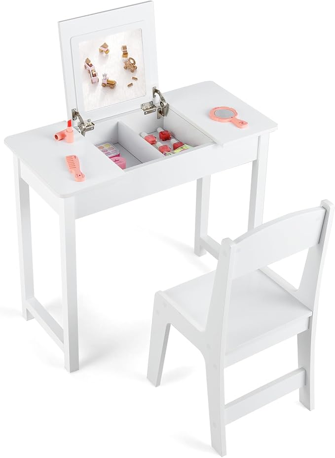 Costzon Kids Vanity, 2 in 1 Girls Vanity Set with Flip Top Mirror, Hidden Storage Space, Wooden Toddler Makeup Vanity Desk Dressing Table, Kids Vanity Table and Chair Set (White)