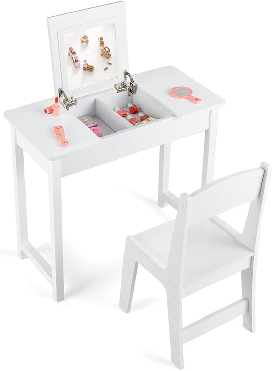 Costzon Kids Vanity, 2 in 1 Girls Vanity Set with Flip Top Mirror, Hidden Storage Space, Wooden Toddler Makeup Vanity Desk Dressing Table, Kids Vanity Table and Chair Set (White)