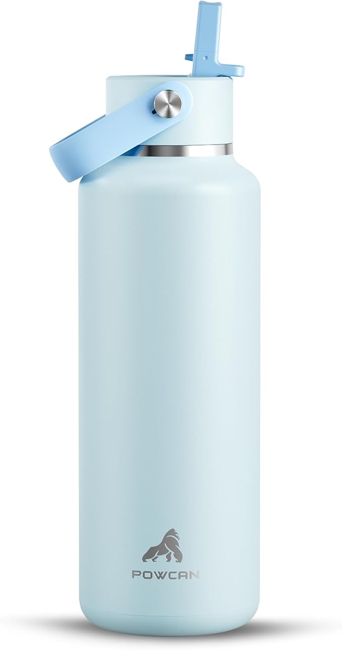 POWCAN 18 oz Insulated Water Bottle: Leakproof, Keep Cold 24H, BPA-Free, Top Handle, Stainless Steel Water Bottle with Straw for Travel, School, Outdoors, Camping, Sport, Gift for Kids (Sea Breeze)