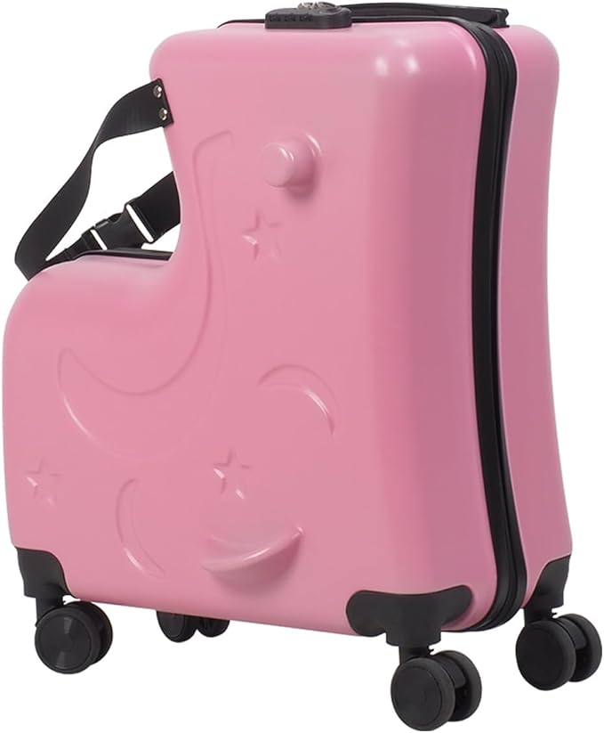 20 Inch Kids Carry-On Trolley, Pink Suitcase with Wheels Impact Resistant Rolling Children Travel Luggage with Seat and Safety Belt Small Suitcase for Unisex Boys Girls ABS+PC (Pink)