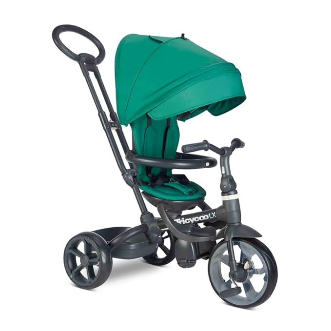 Joovy Tricycoo LX Premium Kids Tricycle with 8 Stages Featuring Chunky Front Tire, Removable and Adjustable Parent Handle, Safety Harness, Machine-Washable Seat Pad, and Retractable Canopy, Pine