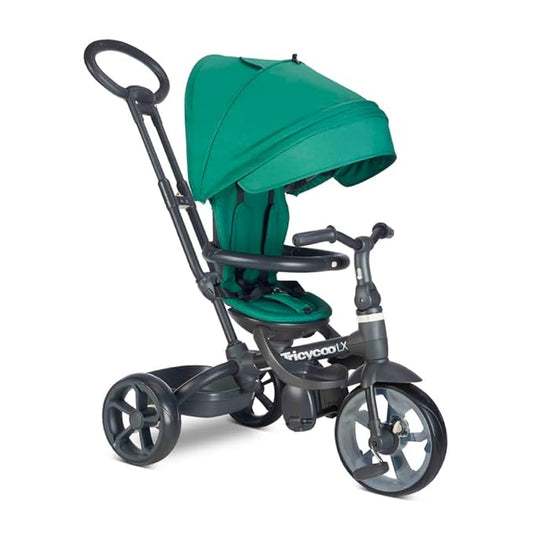 Joovy Tricycoo LX Premium Kids Tricycle with 8 Stages Featuring Chunky Front Tire, Removable and Adjustable Parent Handle, Safety Harness, Machine-Washable Seat Pad, and Retractable Canopy, Pine