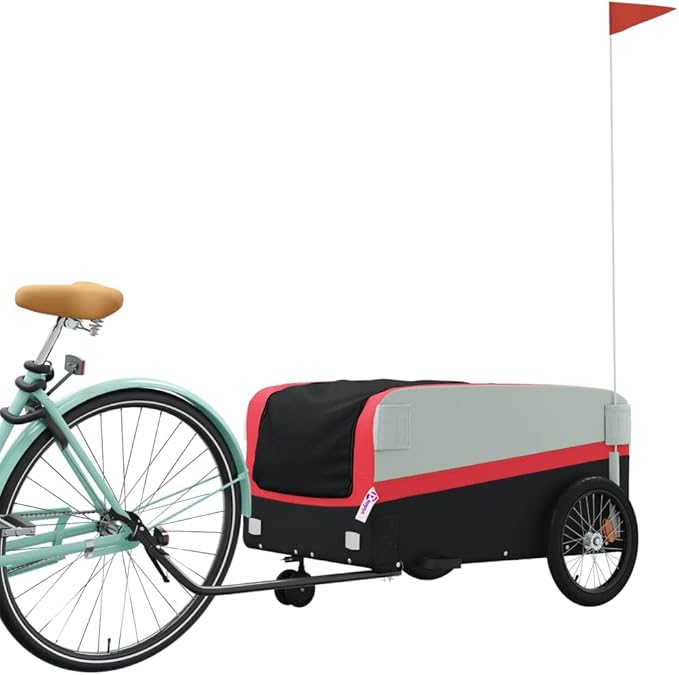 Bike Trailer Bicycle Cargo Trailer, Bike Wagon Trailer, Bike Cart with Safety Flag, Black and Red 99.2 lb Iron, 49.6"x24.8"x20.1"