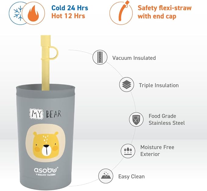 asobu Stainless Steel Kids Tumbler with Flexible Straw Lid | Insulated Water Bottle | Reusable Travel Cup 12 Ounce (Grey)