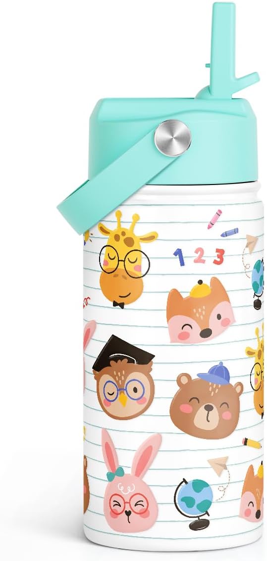 Animal Kids Water Bottle with Straw Lid 12oz Insulated Stainless Steel, Travel Tumbler, Gifts for Girls, Birthday, Christmas, Back to School