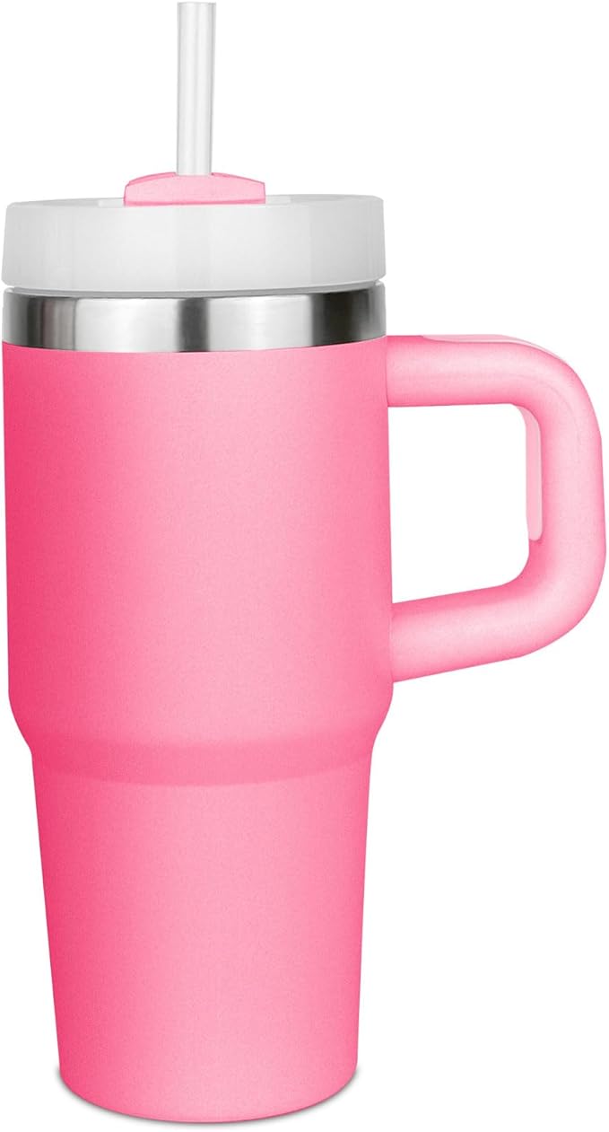 14 oz Tumbler with Handle and Straw, Mini 14oz Tumbler with Lid and Straw for Kids Stainless Steel Tumblers, Car Mug Outdoor Sports Travel School Gift (Pink)