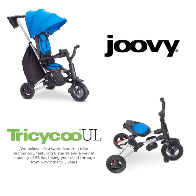 Joovy Tricycoo UL Kids Tricycle with 8 Stages Featuring 3 Rubber Tires, Removable and Adjustable Parent Handle, Safety Harness, 3-Position Recline Seat, and Retractable Canopy, Blueness