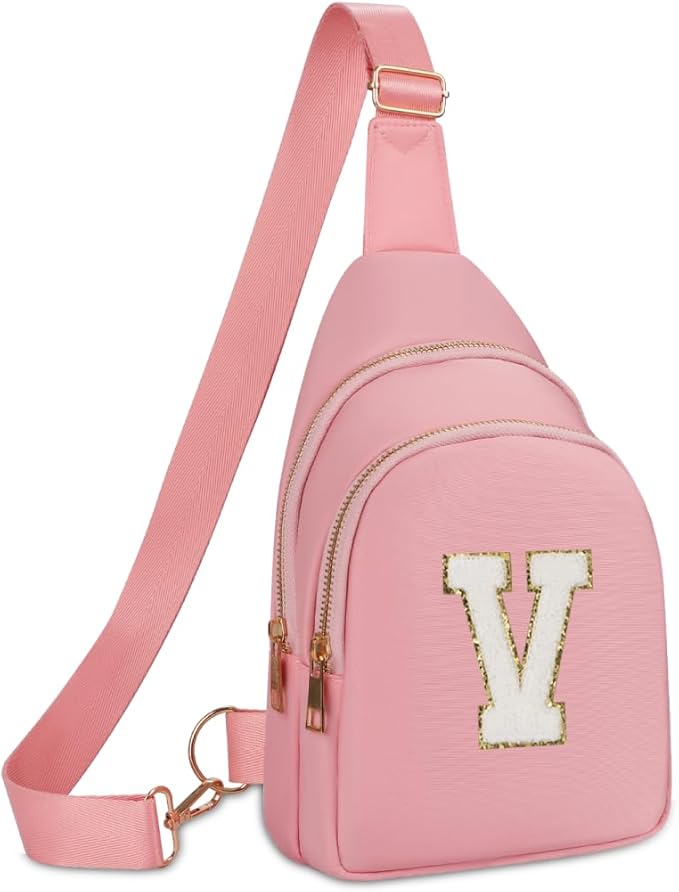 Fanny Pack Birthday Gifts for 8 9 10 11 12 13 14 Year Old Girl, Small Initial Sling Belt Bag Crossbody Bags for Girls Women Pink V
