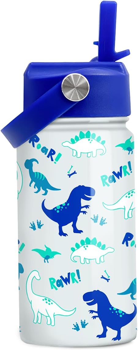 SANDJEST Dinosaur 12 oz Insulated Stainless Steel Water Bottle with Straw Lid - Thermos for Kids & Teens - School, Sports, Travel Cup