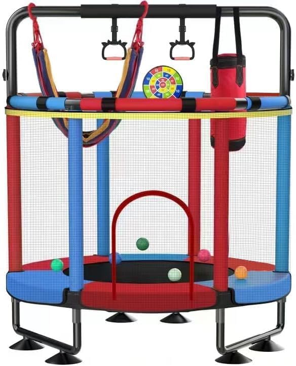 Trampoline for Kids, Upgrade Full Anti-Rust 440lbs Indoor Outdoor Toddler Trampoline with Net, 55" Adjustable Baby Toddler Trampolines Accessories with 8 Toys Dart Board