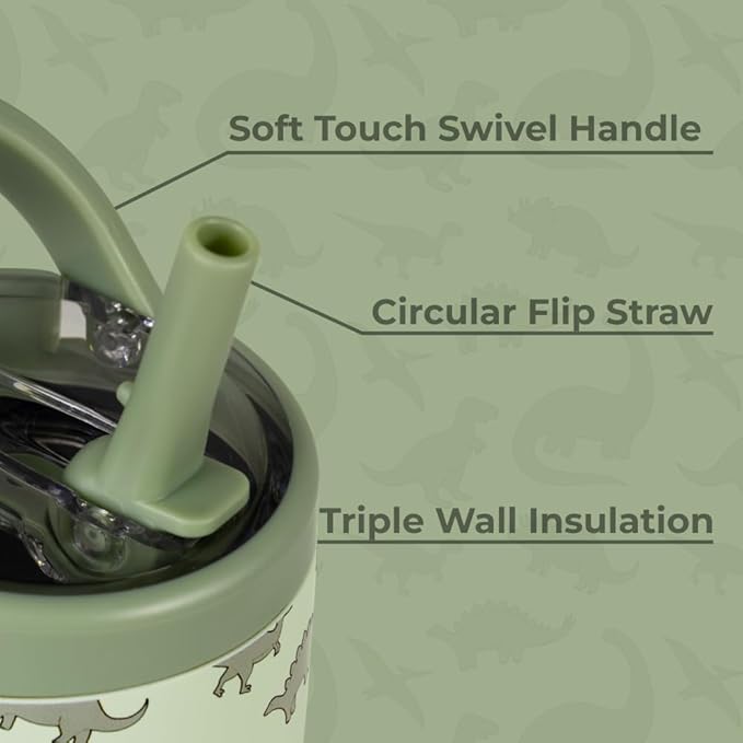 HydroJug Kids 14 oz Sport Water Bottle – Stainless Steel, Insulated, 100% Leakproof, With Carry Handle, BPA-Free – Kid-Friendly Design – Durable & Dishwasher Safe, Dinosaur