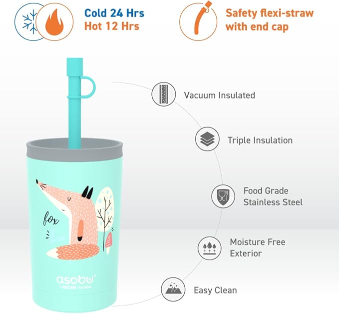 asobu Stainless Steel Kids Tumbler with Flexible Straw Lid | Insulated Water Bottle | Reusable Travel Cup 12 Ounce (Teal)