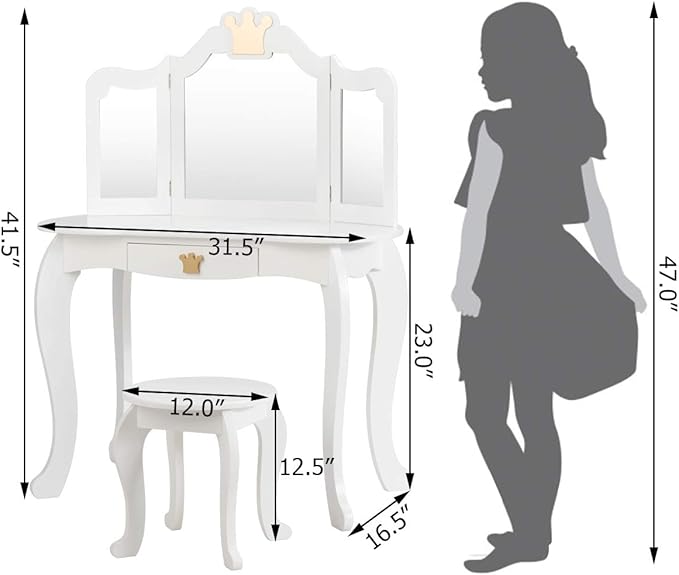 Costzon Kids Vanity Table and Chair Set, Princess Makeup Dressing Table with Drawer & Tri-Folding Mirror, 2 in 1 Vanity Set with Detachable Top, Pretend Beauty Play Vanity Set for Girls (White)