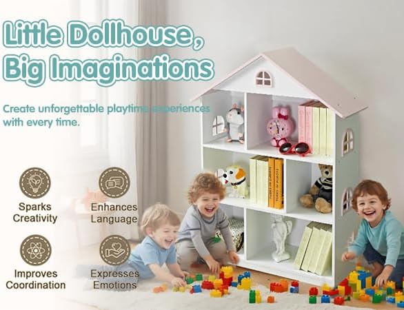 Wooden Dollhouse Bookshelf 4-Tier Kids Bookcase, Toy Storage Organizer & Playhouse with 6 Compartments for Girls Boys, Pink and White Room Furniture for Bedroom Playroom