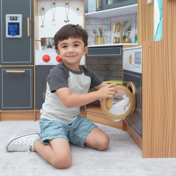 KidKraft Ultimate Corner Wooden Play Kitchen with Lights & Sounds, Play Phone and Curtains, Natural, Gift for Ages 3+