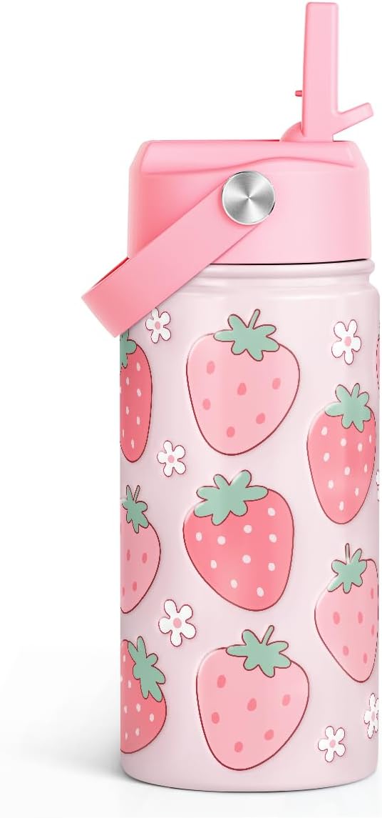 Strawberry Kids Water Bottle with Straw Lid 12oz Insulated Stainless Steel, Travel Tumbler, Gifts for Girls, Birthday, Christmas, Back to School