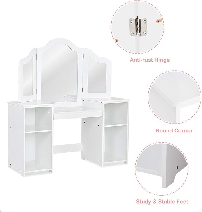 Costzon Kids Vanity, 2 in 1 Princess Makeup Desk Dressing Table with Detachable Top, Toddler Vanity with Tri-fold Mirror & Storage Shelves, Vanity for Little Girls, White
