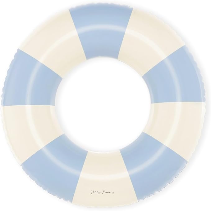 Petites-Pommes Pool Tube for Kids & Toddlers - Durable Inner Tube, Handprinted Classic Striped Design Pool Float Ring, Soft Comfort Seaming, Packable Floats for Travel, Light Blue, 24 inch