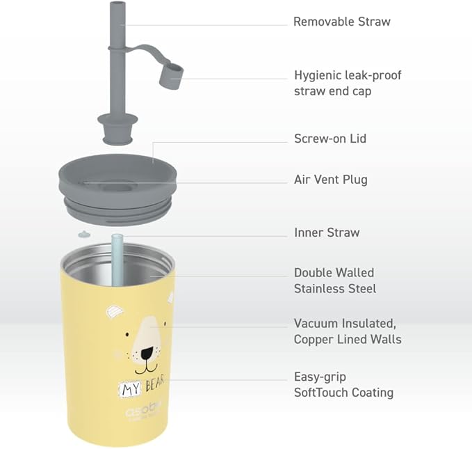 asobu Stainless Steel Kids Tumbler with Flexible Straw Lid | Insulated Water Bottle | Reusable Travel Cup 12 Ounce (Yellow)
