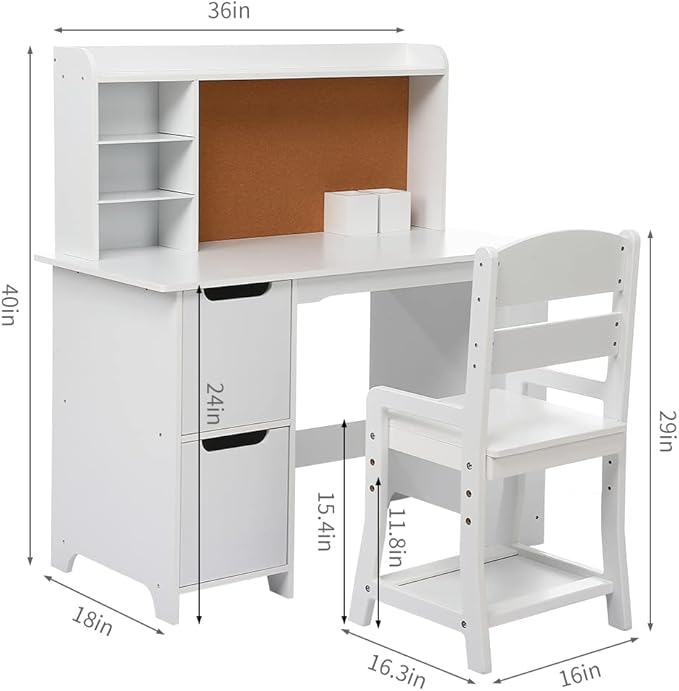 Garvee Kids Desk, Study Desk and Chair Set for Boys and Girl, Wooden Kids Writing Table with Bookshelf, Bulletin Board, and Cabinets for Ages 3-8