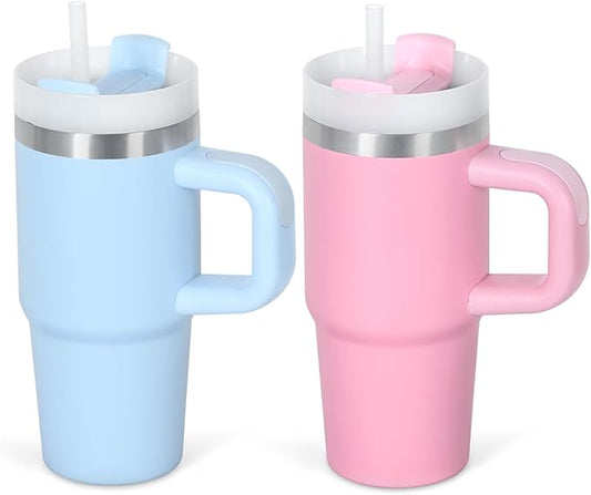 Cosictic 14 Oz Tumbler with Handle and Straw for Kids, Stainless Steel Double Wall Vacuum Insulated Cup for Children, 14 Oz Cups for Kids (Sky Blue, Pink)